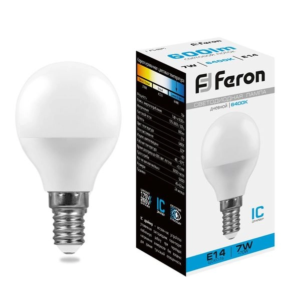 Лампа светодиод. LED  7W 6400К 600Лм Е14 30т.ч. G45 (82х45) (аналог 60W) шар LB-95 IC 25480 Лампа светодиод. LED  7W 6400К 600Лм Е14 30т.ч. G45 (82х45) (аналог 60W) шар LB-95 IC 25480 в каталоге ЮгКабель
