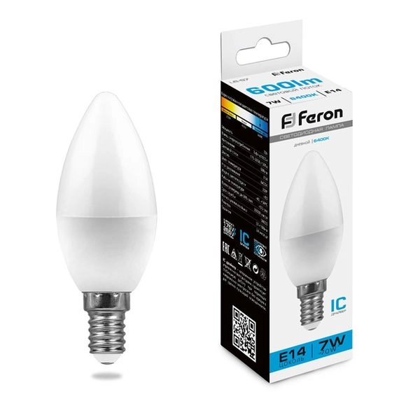 Лампа светодиод. LED   7W 6400К 600Лм Е14 50т.ч. C35 (100х37) (аналог 70W) свеча LB-97 IC 25477 Лампа светодиод. LED   7W 6400К 600Лм Е14 50т.ч. C35 (100х37) (аналог 70W) свеча LB-97 IC 25477 в каталоге ЮгКабель