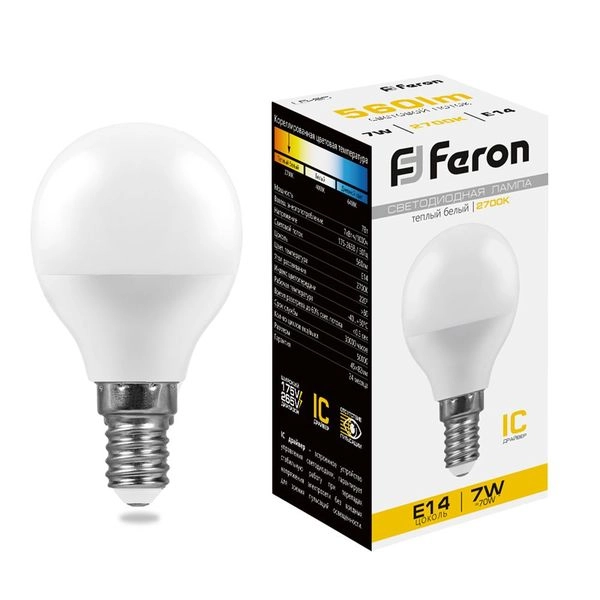 Лампа светодиод. LED  7W 2700К 560Лм Е14 30т.ч. G45 (82х45) (аналог 60W) шар LB-95 IC 25478 Лампа светодиод. LED  7W 2700К 560Лм Е14 30т.ч. G45 (82х45) (аналог 60W) шар LB-95 IC 25478 в каталоге ЮгКабель