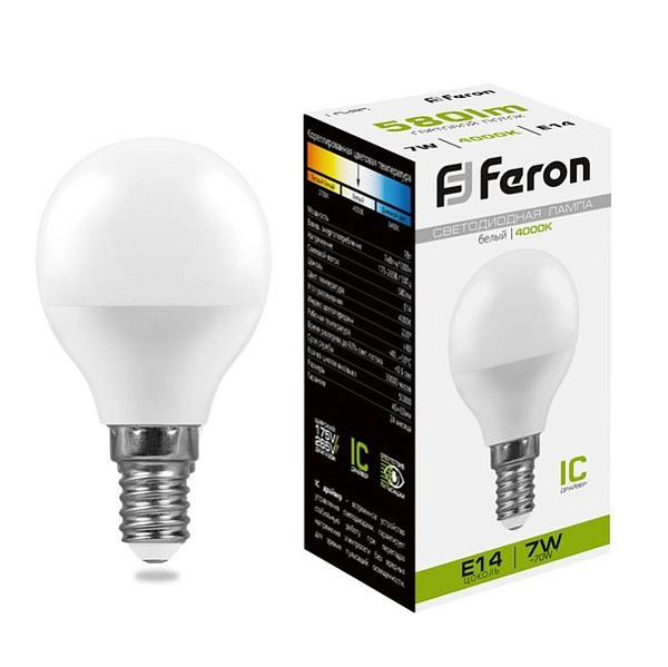 Лампа светодиод. LED  7W 4000К 580Лм Е14 30т.ч. G45 (82х45) (аналог 60W) шар LB-95 IC 25479 Лампа светодиод. LED  7W 4000К 580Лм Е14 30т.ч. G45 (82х45) (аналог 60W) шар LB-95 IC 25479 в каталоге ЮгКабель
