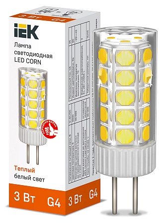 Лампа светодиод. LED 3W 3000К 285 лм CORN капсула G4 30т.ч. 12V (42х14) (AC/DC) LLE-CORN-3-012-30-G4